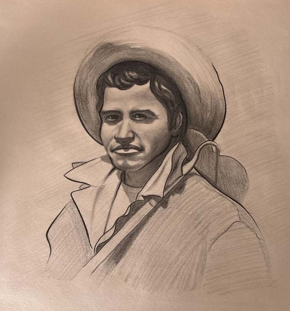 Vintage Graphite Pencil Portrait Drawing of a Man in a Wide-Brimmed Hat